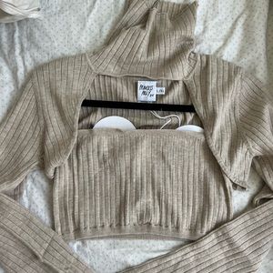 Princess Polly Two Piece Set Cruiser Sweater Ribbed Beige NWT